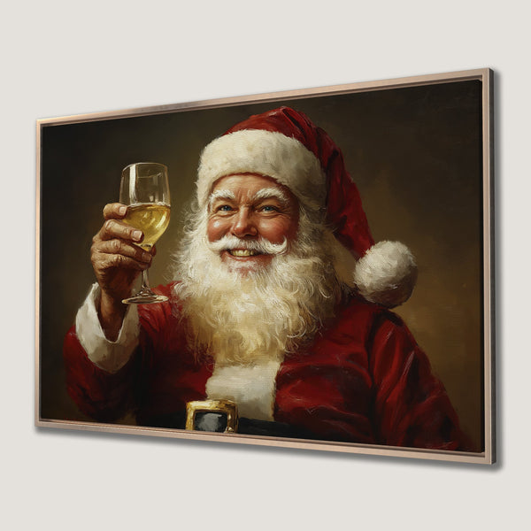 Framed Wall Art: Santa Claus toasting with wine. Classic oil painting style with a festive red, white, and gold color palette. Perfect Christmas decor!