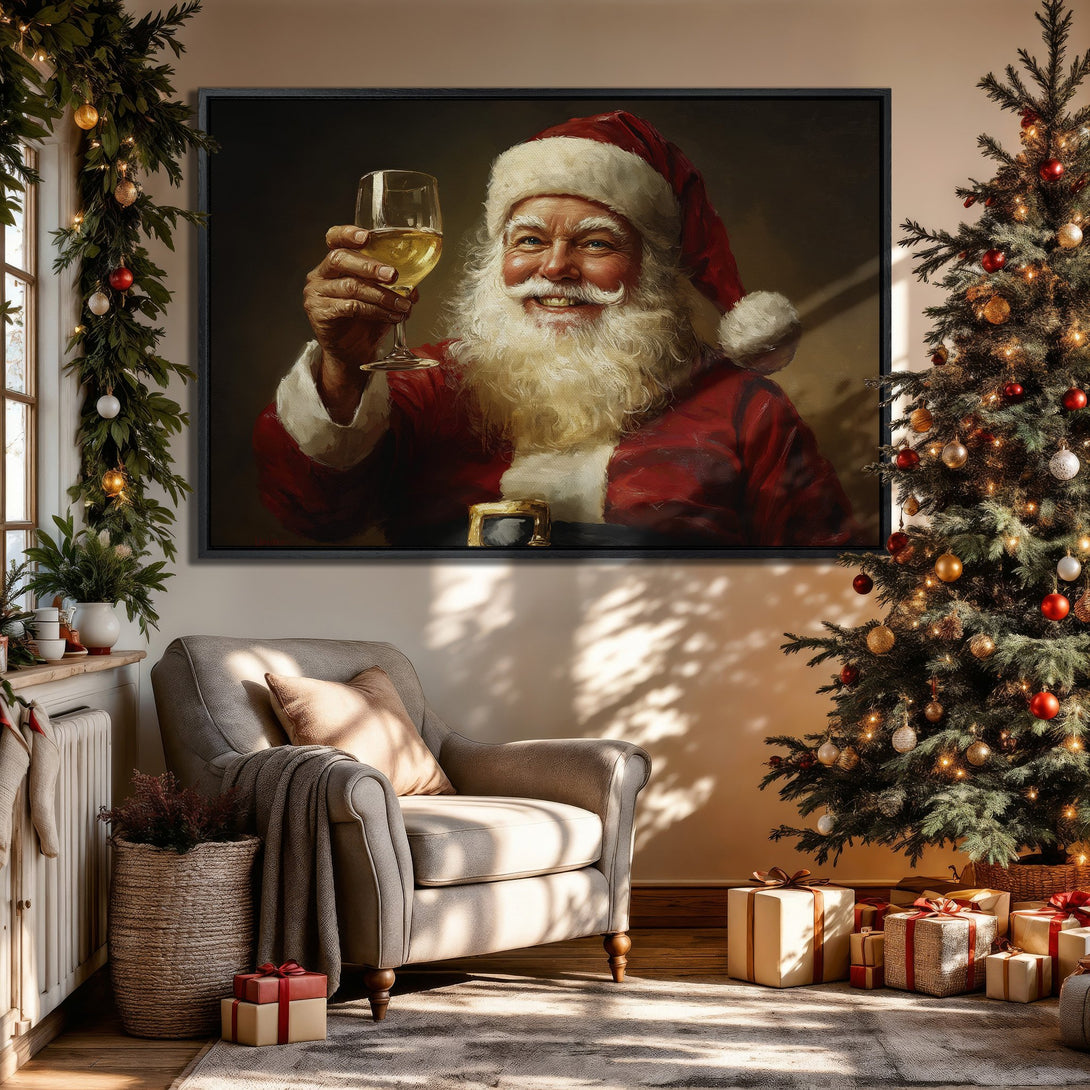 Framed Wall Art: Santa Claus portrait in a cozy Christmas interior. Rich red, gold, and green palette. Perfect holiday decor for your home.