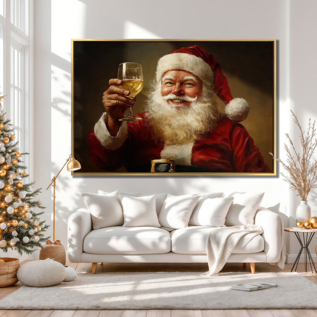 Canvas Print of Santa Claus toasting, warm red and gold tones, perfect for Christmas decor. Festive wall art.