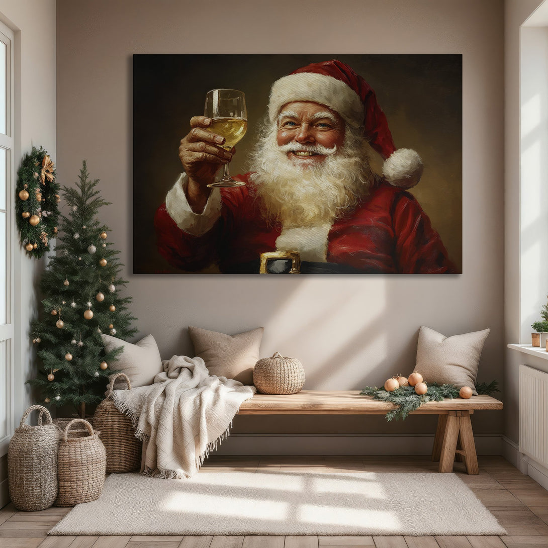 Framed Wall Art of Santa Claus toasting, classic oil painting style. Rich red and gold hues bring holiday cheer to your home decor.