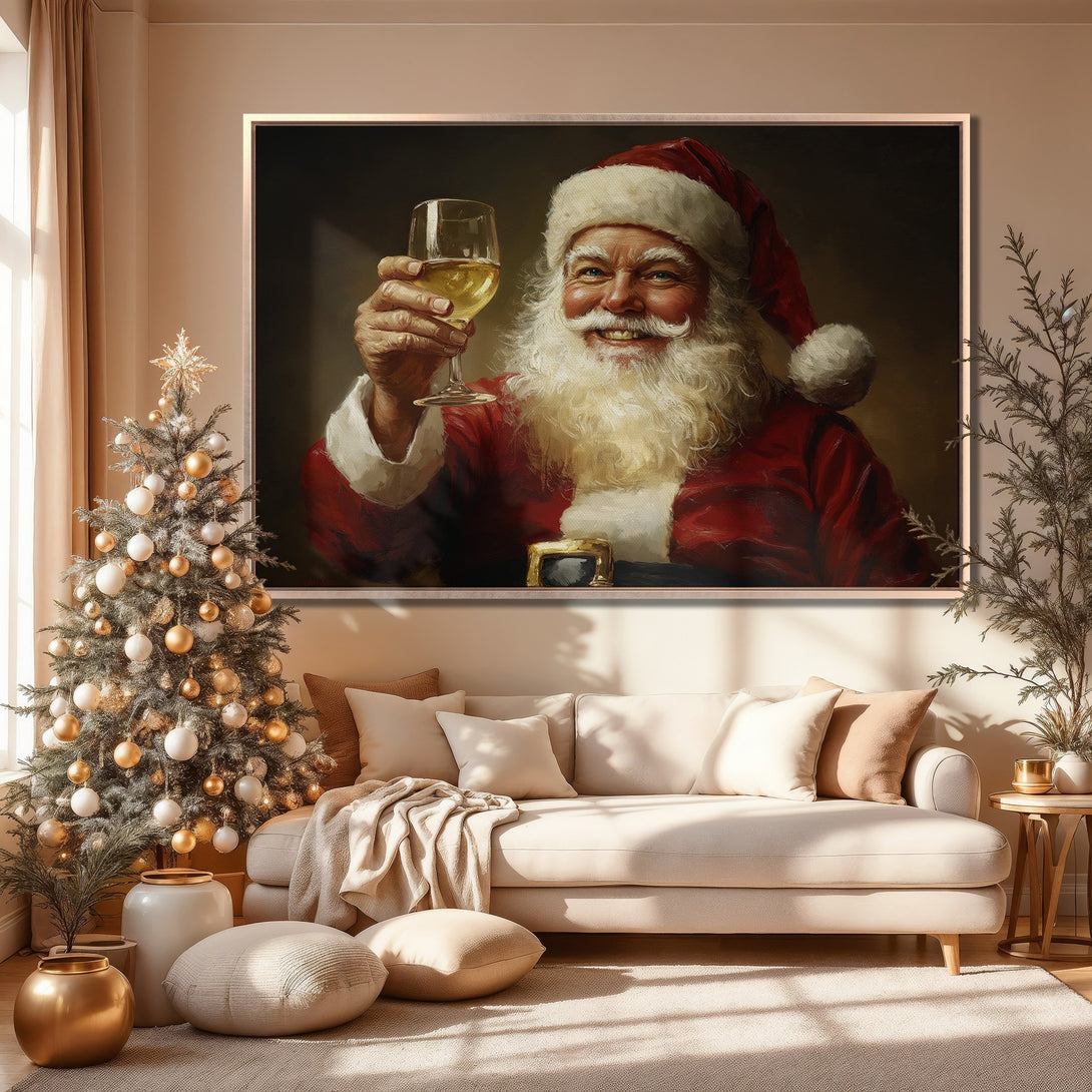 Framed Wall Art: Santa Claus portrait in warm tones. Festive Canvas Print for holiday decor, adding a touch of cheer to any living room.