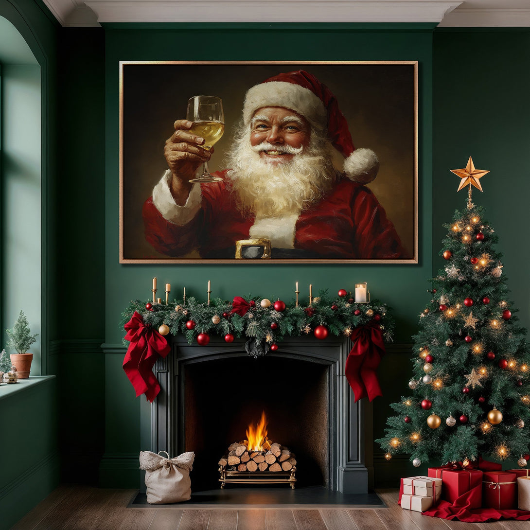 Framed Wall Art: Santa Claus portrait in a festive Christmas interior. Warm, classic style with red, green, and gold color palette. Perfect holiday decor.