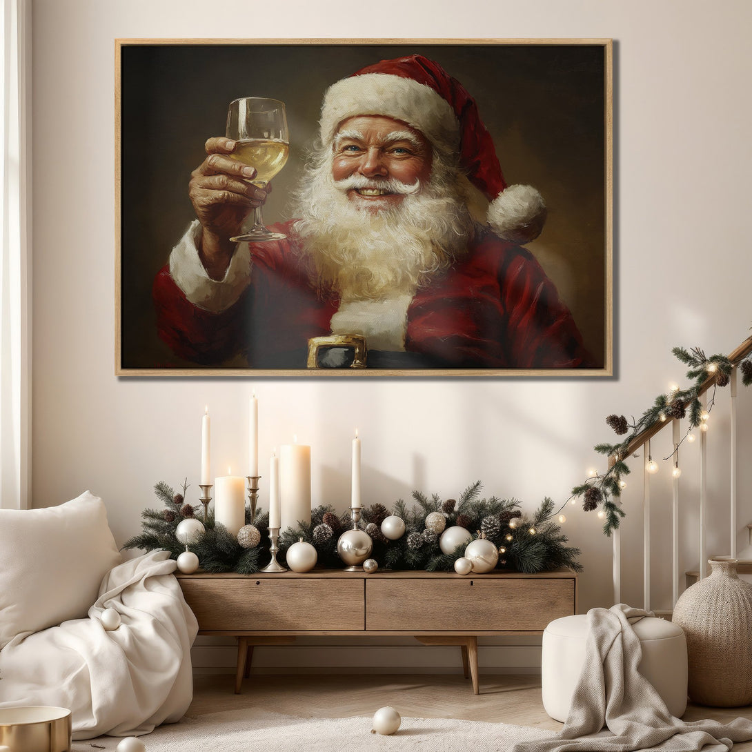 Framed Wall Art: Santa Claus portrait raising a glass. Festive holiday decor in warm red, beige, and gold tones. Perfect Christmas gift idea!