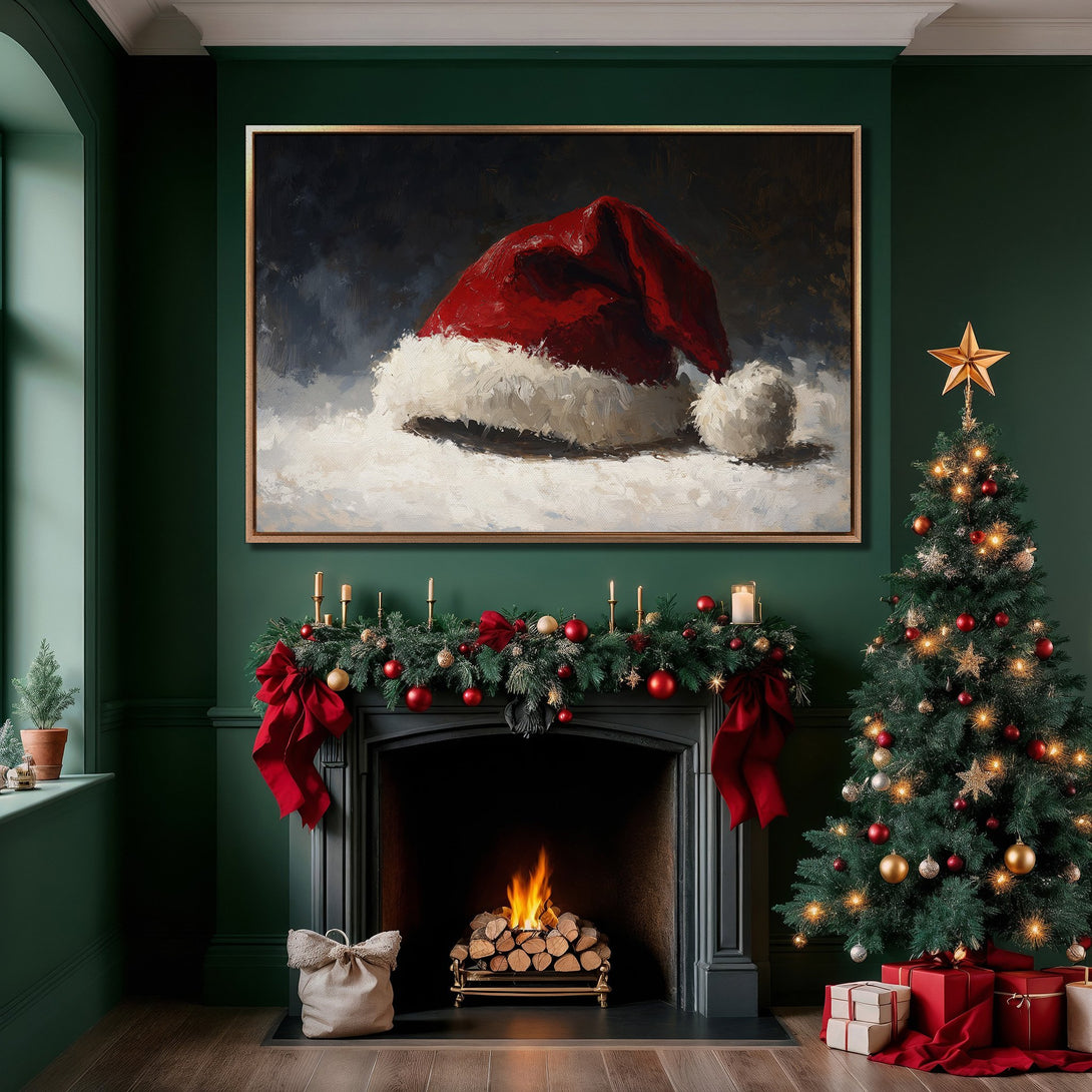 Framed Wall Art: Festive Santa hat painting in a cozy, green-toned interior. Classic style with a warm red and white color palette for holiday decor.