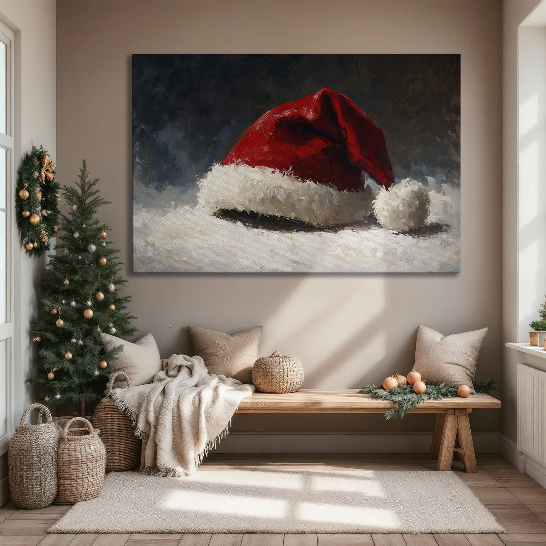 Framed Wall Art featuring a Santa hat in a painterly style. Festive red and white hues with a dark background, perfect for Christmas decor.