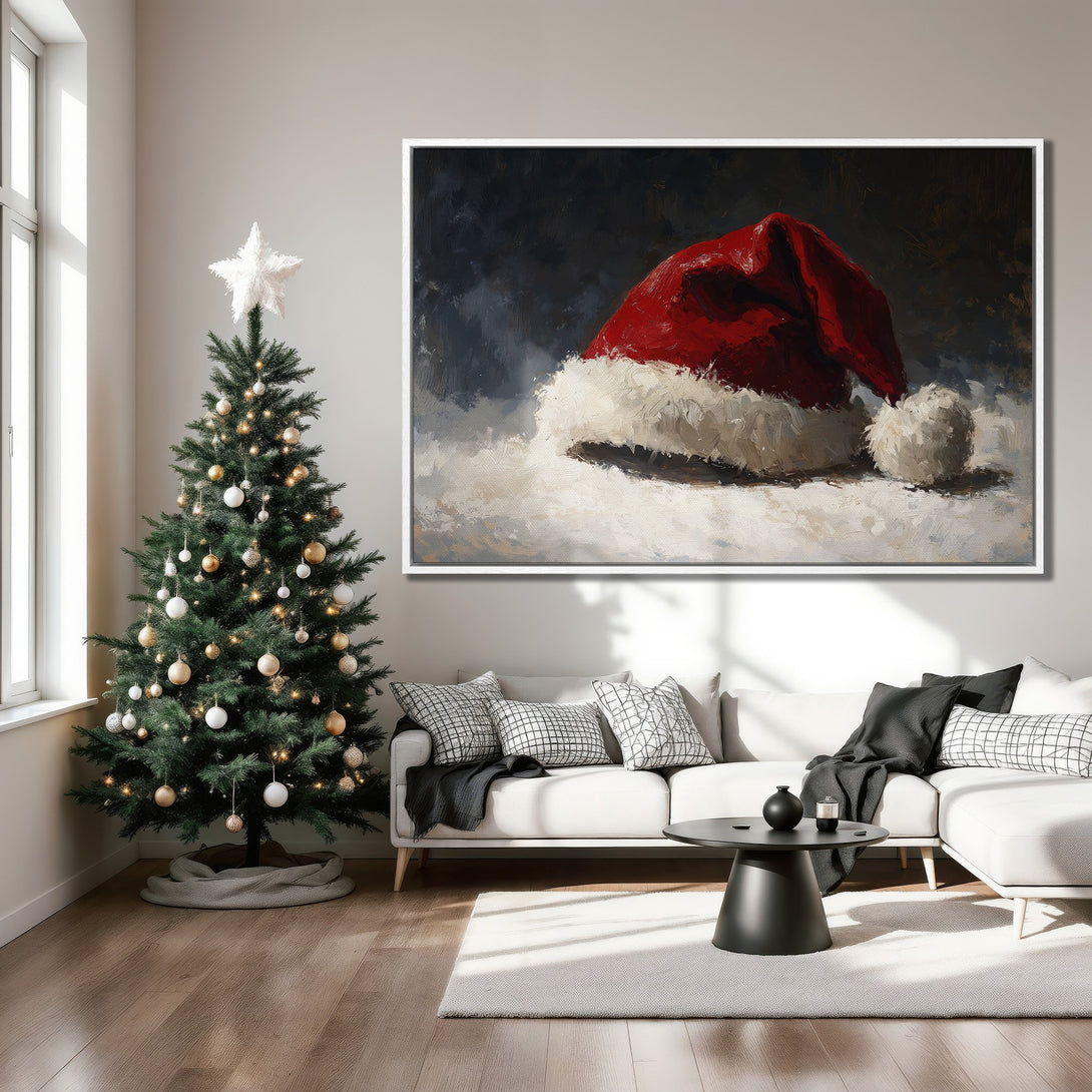 Framed Wall Art: Festive Santa hat painting in a modern living room. Rich red and white hues on a dark background. Perfect Christmas decor!