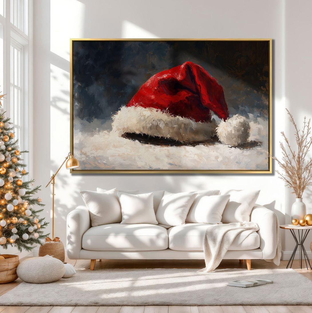 Canvas Print of Santa hat painting in a cozy interior. Festive wall art with a red, white, and blue color palette. Perfect Christmas decor!