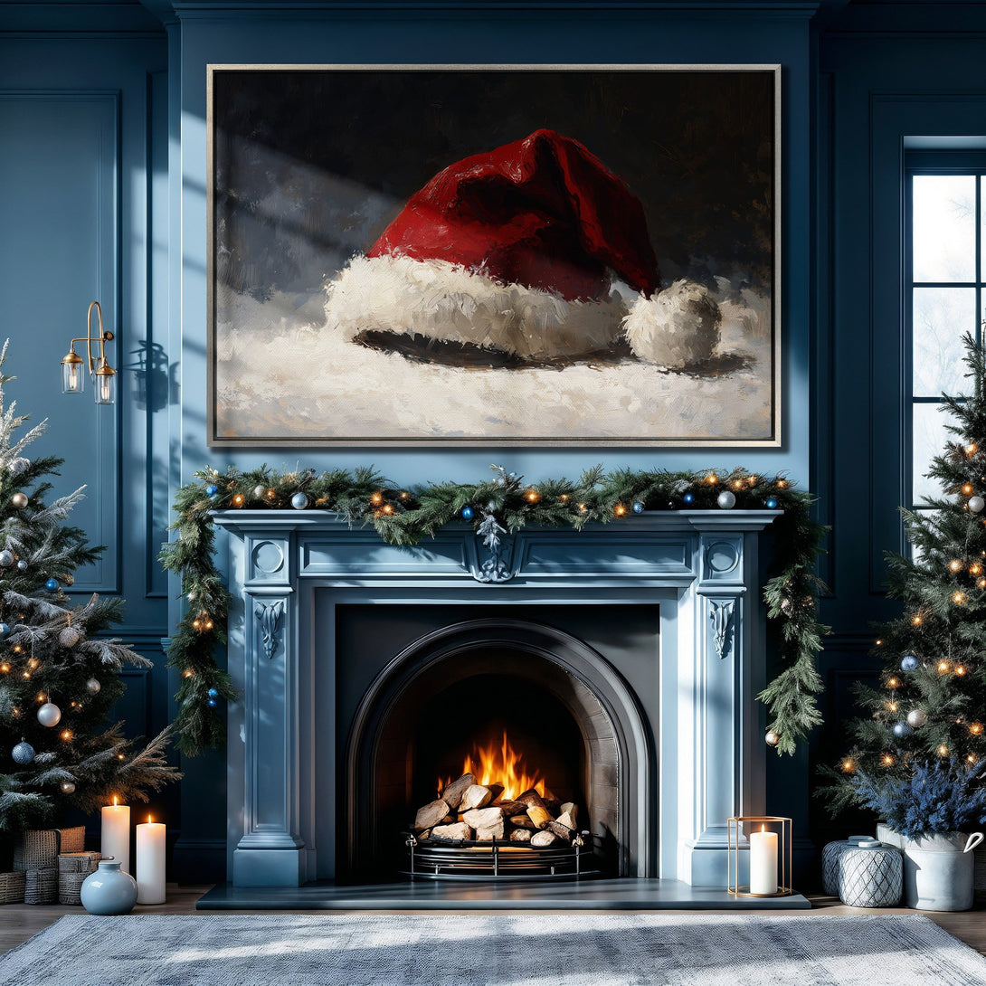 Framed Wall Art: Festive Christmas Santa hat painting in a cozy blue interior. Warm red and white colors create a holiday ambiance. Perfect for seasonal decor!