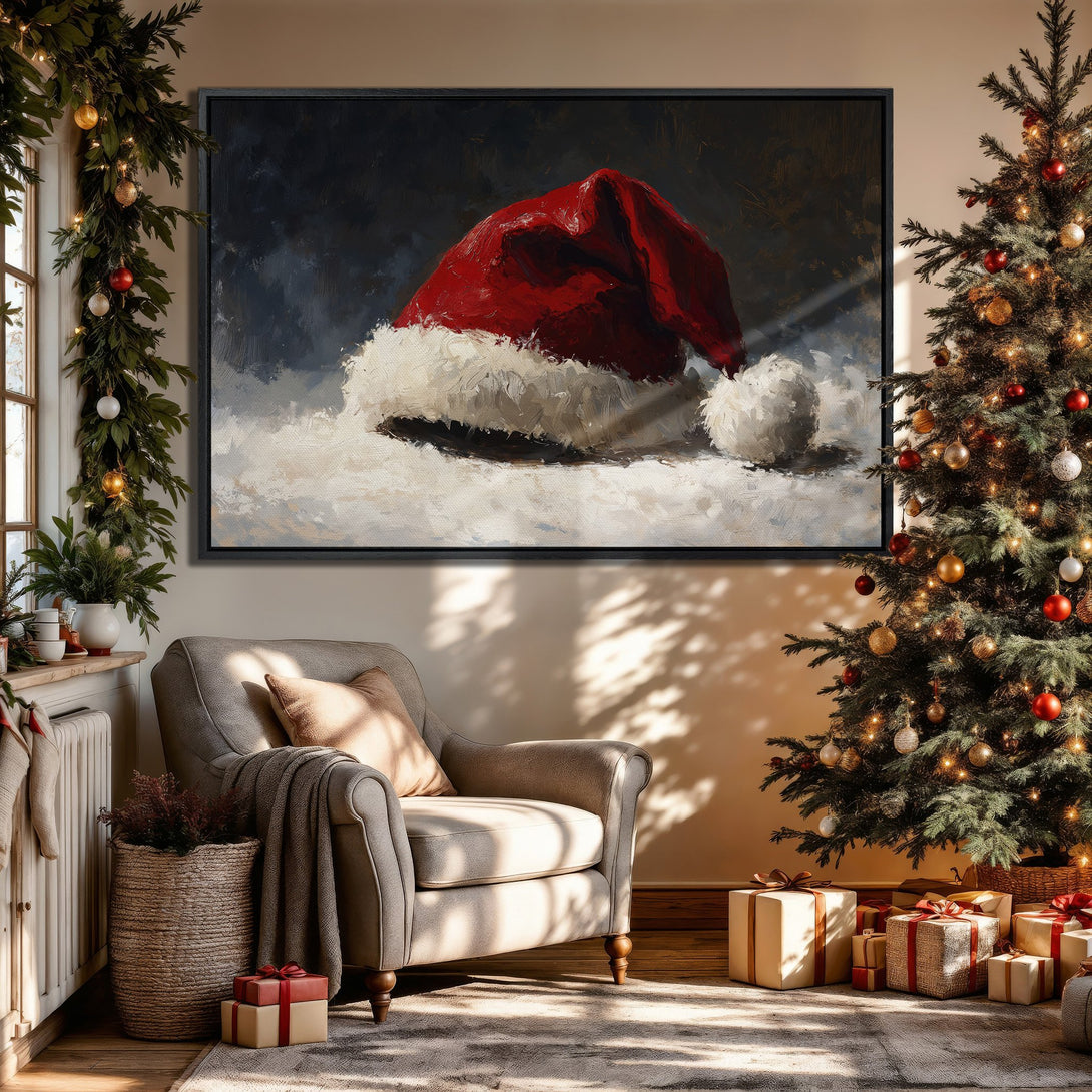 Framed Wall Art: Santa hat painting in warm, cozy living room. Red, white, and neutral color palette. Perfect Christmas home decor.