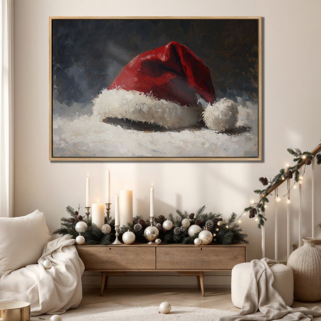 Framed Wall Art Canvas Print: Festive Santa hat painting in a cozy interior. Rich red, white & dark blue palette, perfect for holiday home decor.