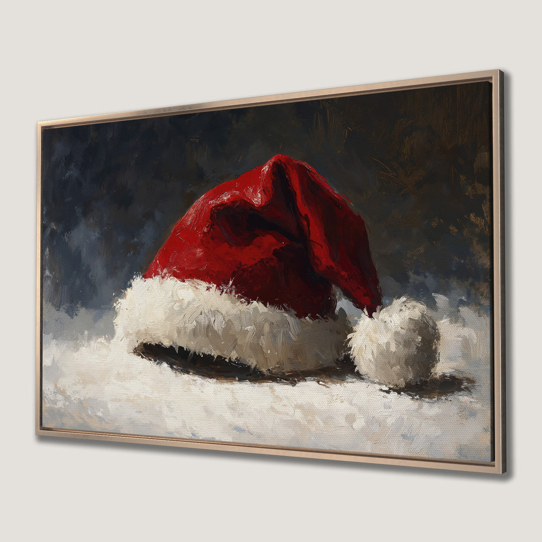 Framed Wall Art: Festive Santa hat oil painting in a rich red, white, and dark palette. Perfect Christmas decor for a cozy home!