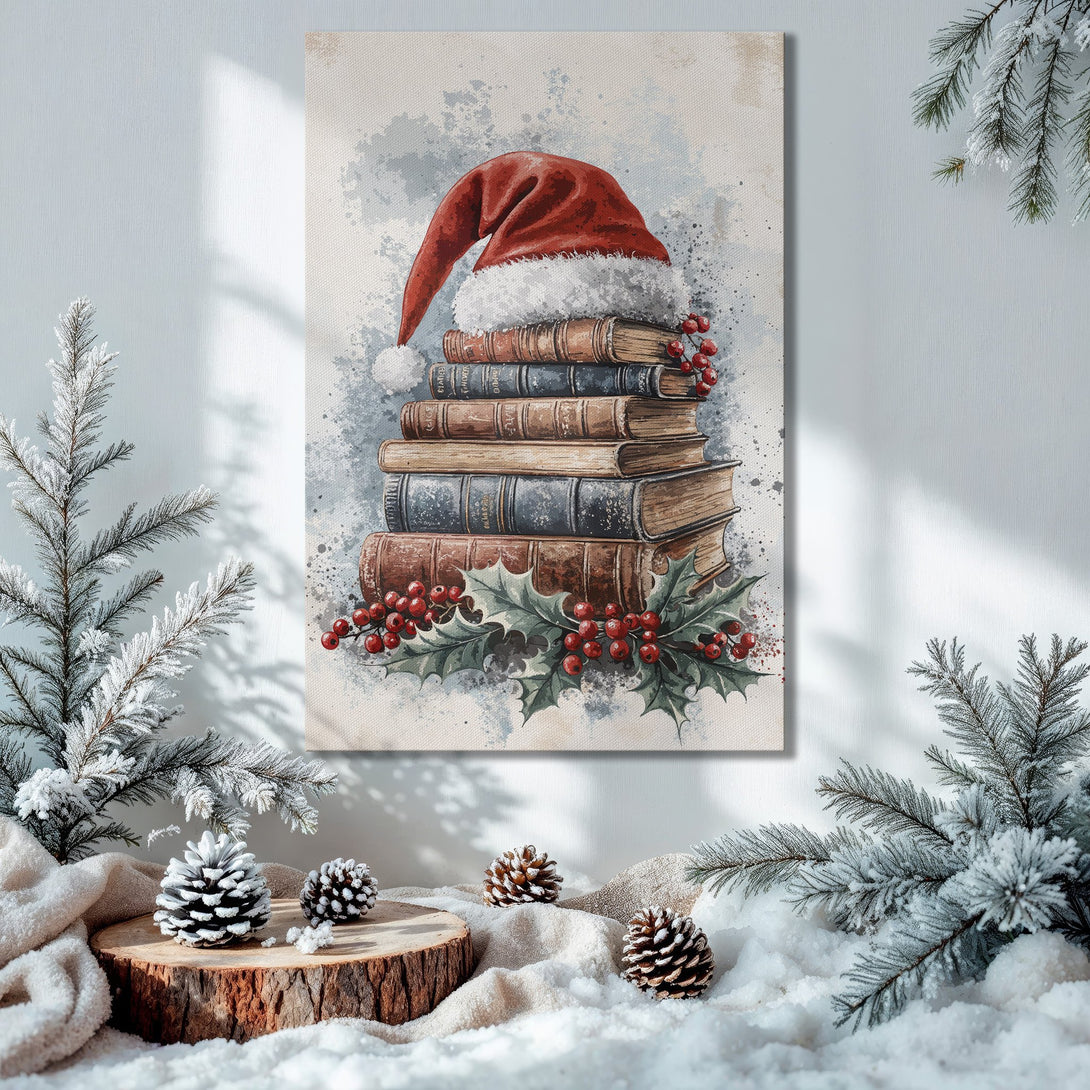 Framed Wall Art: Watercolor Christmas scene with Santa hat on books, warm colors. Perfect holiday decor!