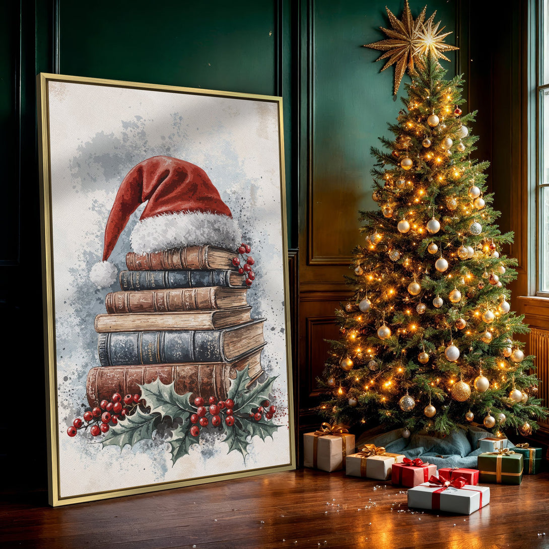 Canvas Print of a festive watercolor painting featuring Santa hat on books, holly, and berries. Warm red, brown, and green hues create a cozy Christmas vibe.