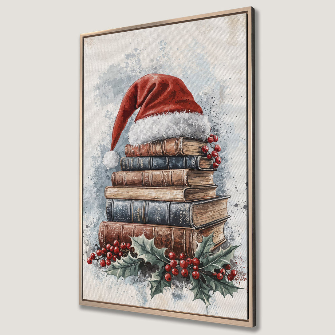 Framed Wall Art featuring a stack of books with a Santa hat, holly, and berries. Watercolor style with a warm, festive color palette. Perfect Christmas decor!