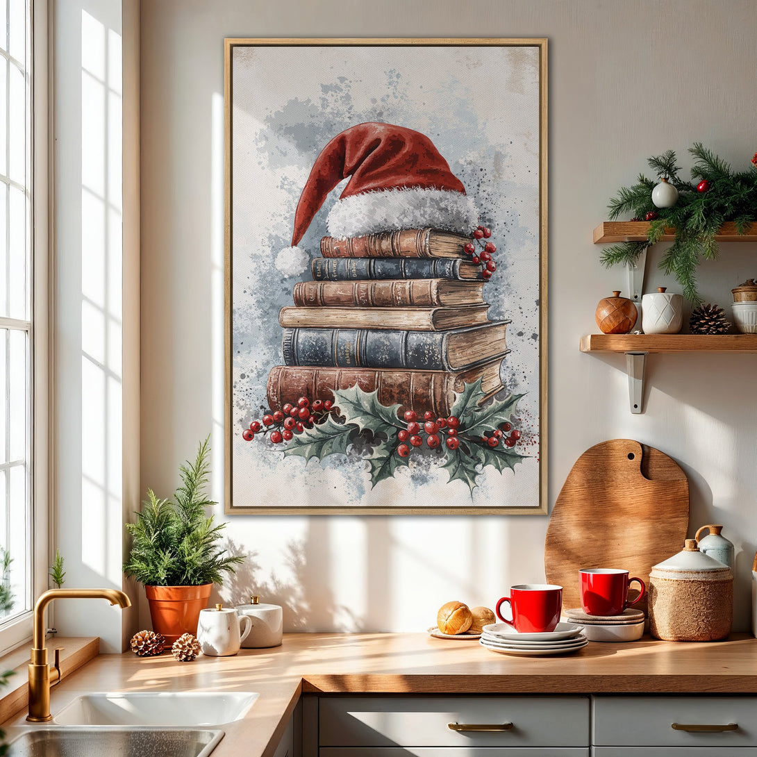 Framed Wall Art: Watercolor Christmas scene with Santa hat on books. Warm, inviting colors of red, brown, and blue. Perfect holiday decor!