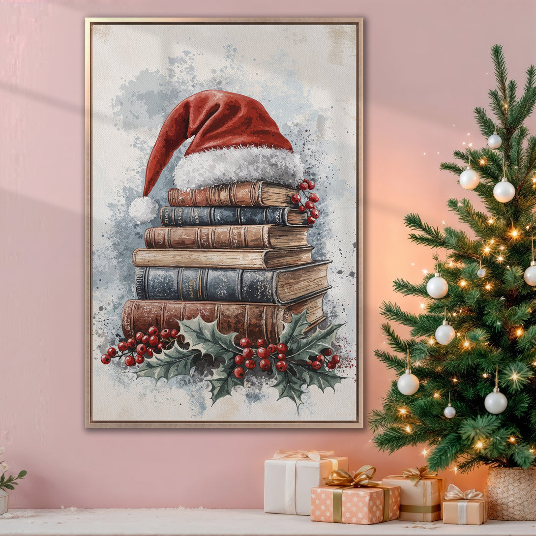 Framed Wall Art: Watercolor Christmas scene with Santa hat on books. Warm color palette with red, brown, and green. Perfect holiday decor!
