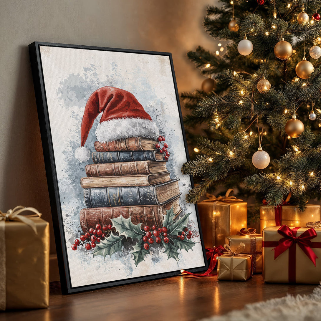 Framed Wall Art: Watercolor Christmas scene with Santa hat on books, holly, & red berries. Warm, festive colors for holiday decor.
