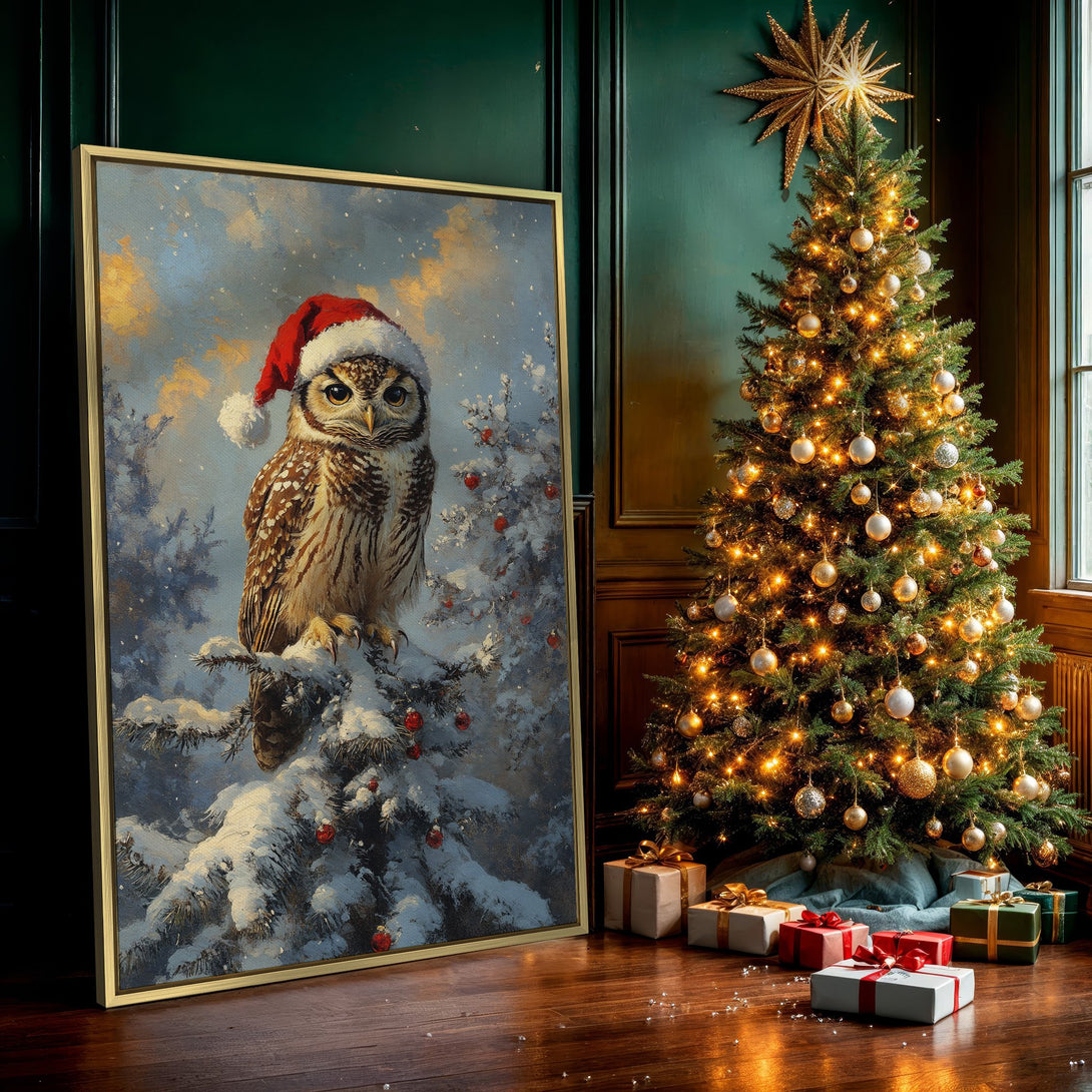 Canvas Print of a festive owl in a Santa hat, snowy winter scene. Cozy, inviting artwork with a blue, gold, and brown color palette. Perfect holiday decor!
