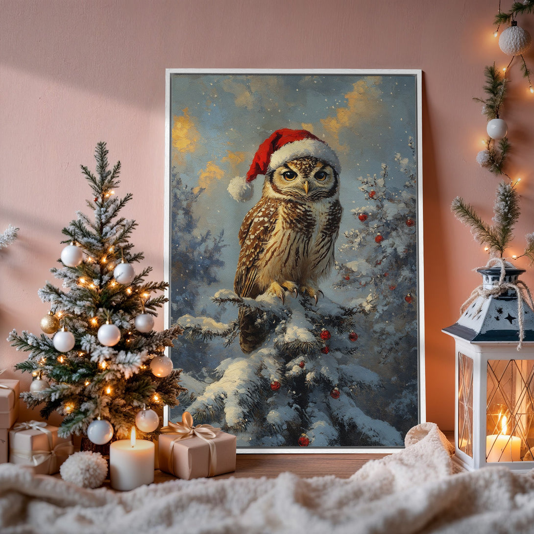 Framed Wall Art: Festive owl in Santa hat painting, winter scene with blue, white, and red palette. Perfect holiday decor for a cozy home.