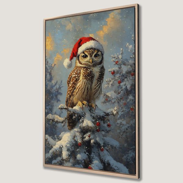 Framed Wall Art: Festive owl in a Santa hat on snowy branch. Winter art with blue, white, and red color palette. Perfect Christmas decor.