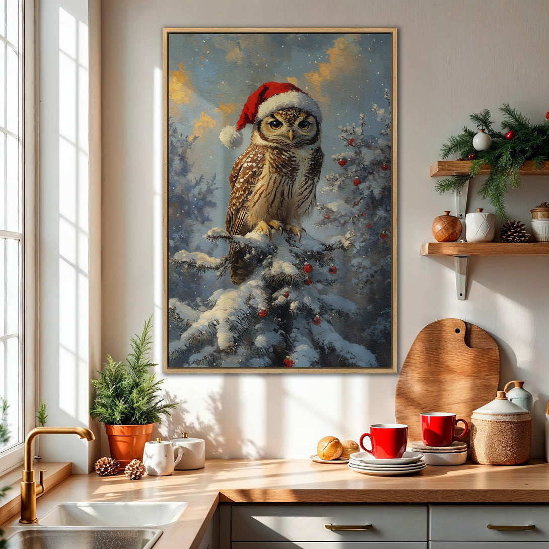 Framed Wall Art: Festive owl in a Santa hat. Wintery scene with blue, white, and red hues. Perfect holiday decor for your home.