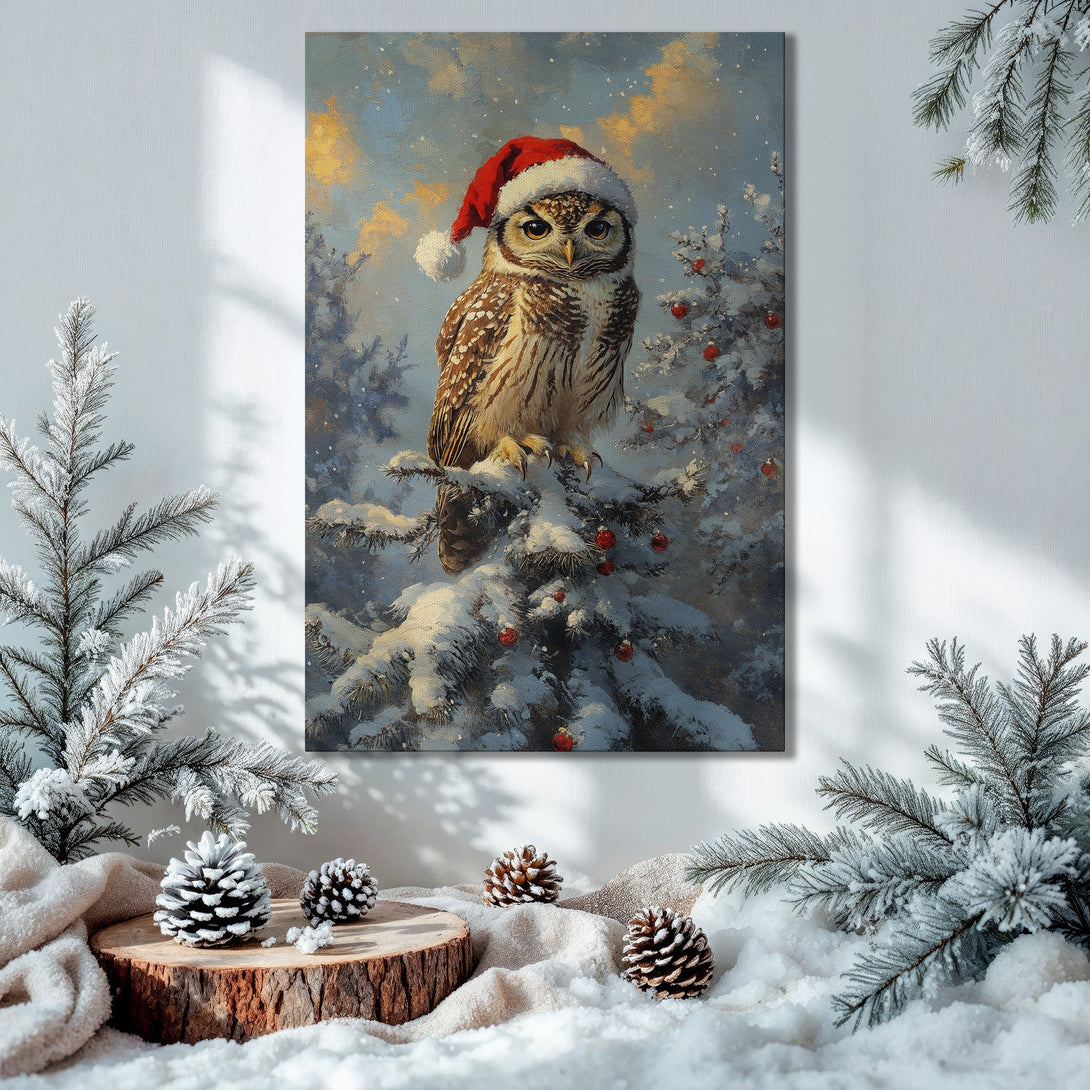 Framed Wall Art: Festive owl in Santa hat on snowy branch. Winter scene with blue, gold, and red hues. Perfect Christmas decor.