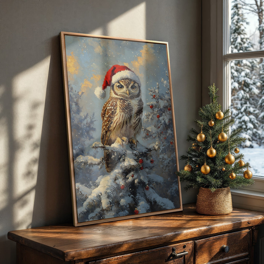 Framed Wall Art: Festive owl in Santa hat painting, winter scene with blue, white, and gold tones. Perfect Christmas decor!