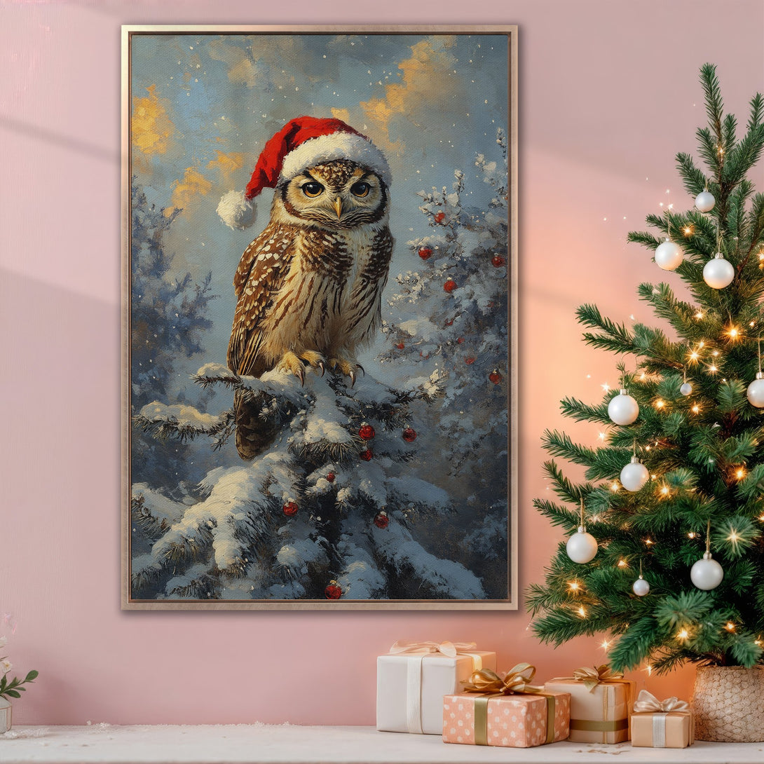 Framed Wall Art: Festive owl in Santa hat canvas print. Winter scene with cool blues, browns, and red accents. Perfect Christmas decor for a cozy interior.