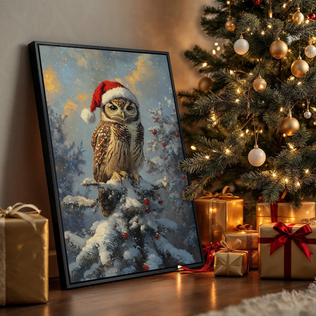 Framed Wall Art: Festive owl in a Santa hat on a snowy branch. Beautiful winter art with a blue, brown, and red color palette, perfect for Christmas decor.