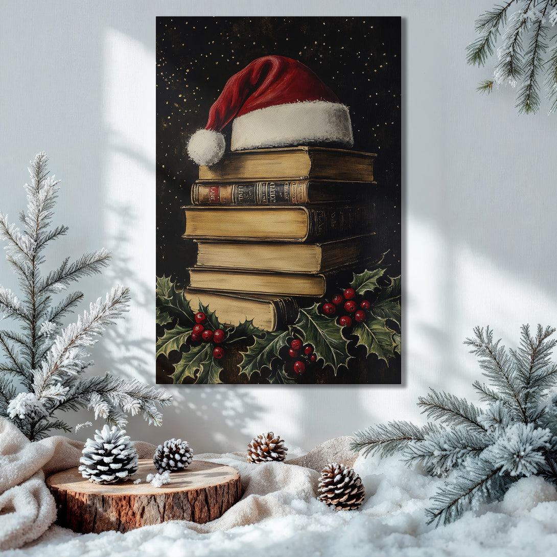 Framed Wall Art: Christmas scene featuring Santa hat on books, warm tones. Festive decor for your home.