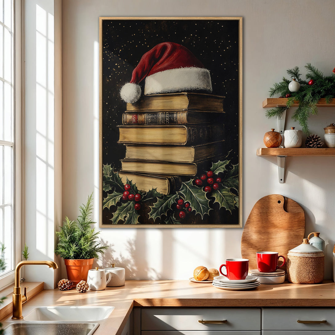Framed Wall Art: Festive Christmas scene with Santa hat on books. Warm, inviting color palette. Perfect holiday decor for your kitchen or living room.