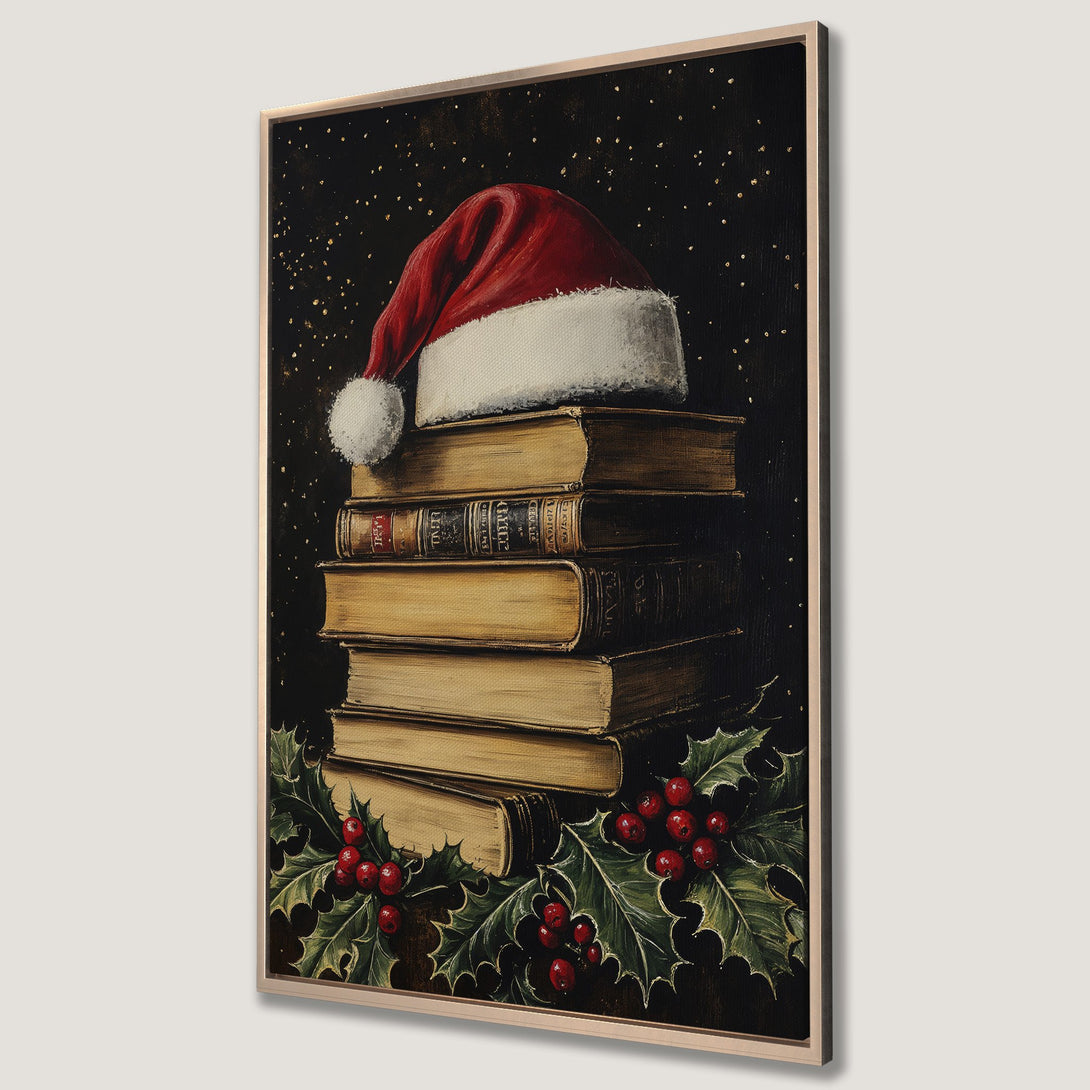 Framed Wall Art featuring a festive Christmas still life with a Santa hat, books, and holly. Warm red, green, and gold tones on a dark background.