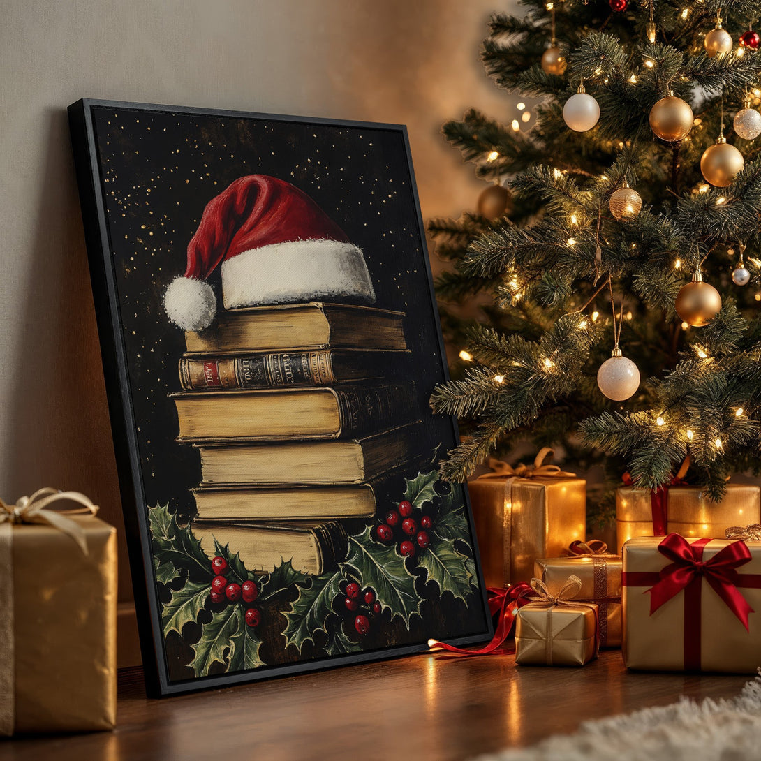Framed Wall Art: Festive Christmas scene with Santa hat on books, warm gold and red palette, perfect holiday decor.