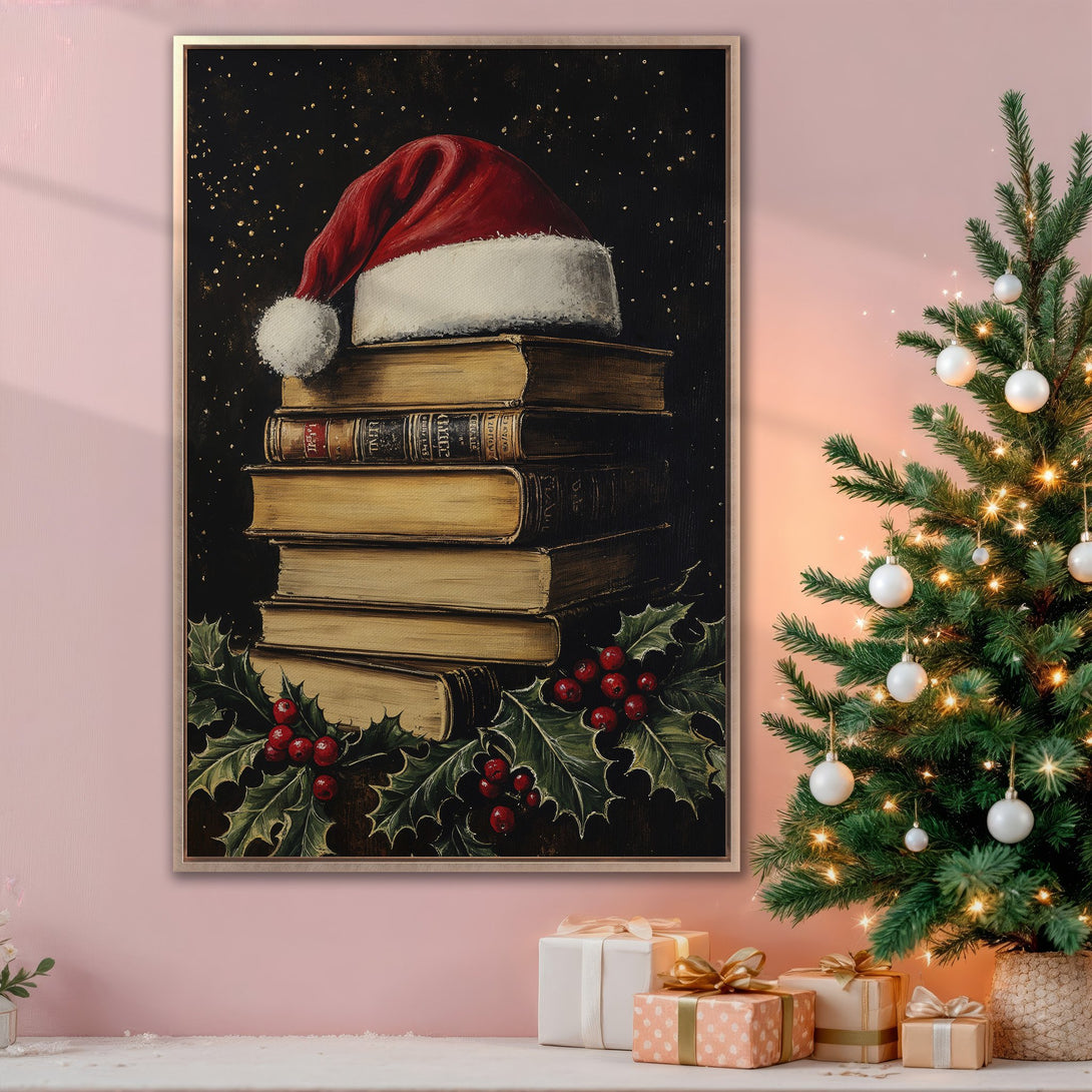 Framed Wall Art: Festive Christmas scene with a Santa hat on books, holly, and a Christmas tree. Warm color palette with red, green, and gold tones. Perfect holiday decor!