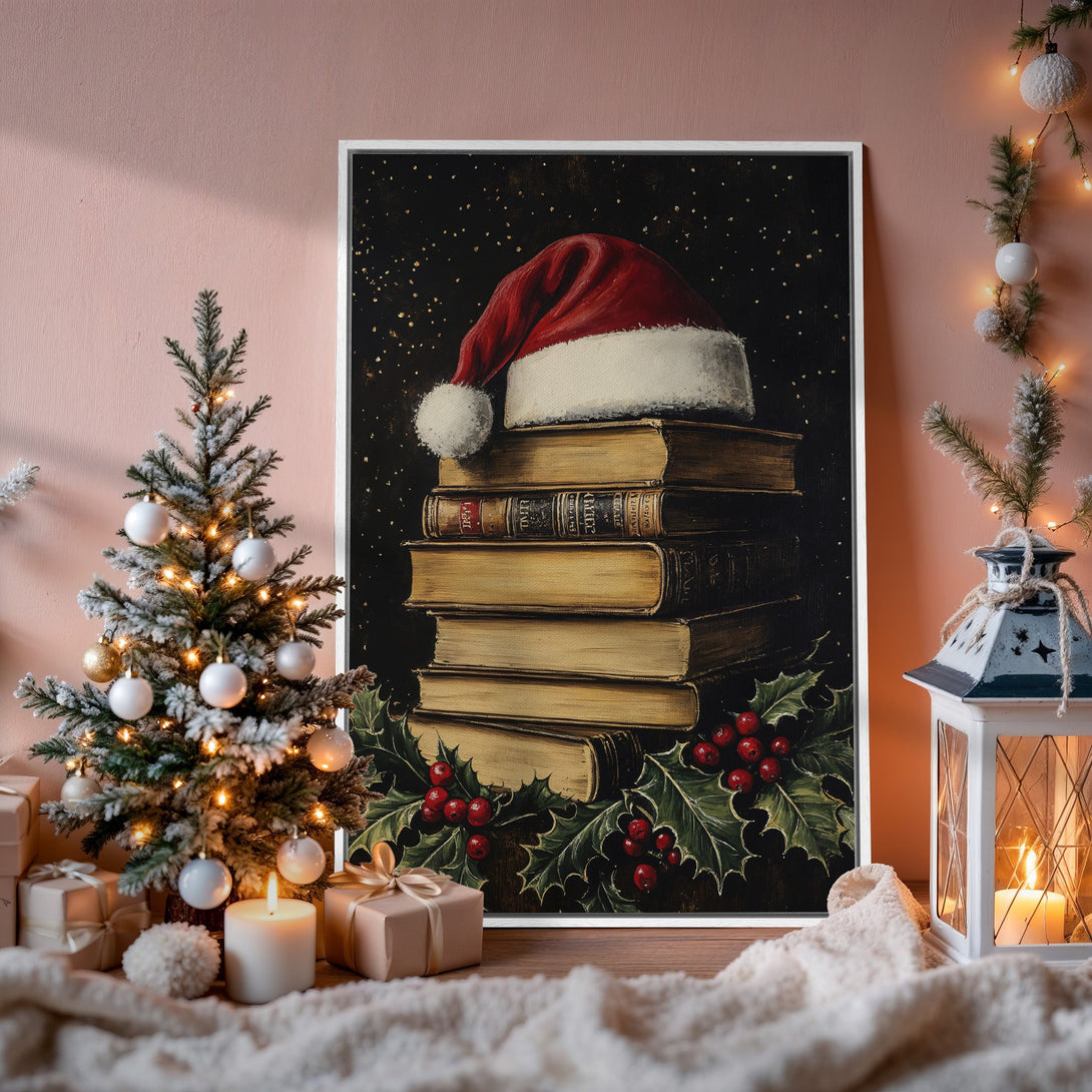 Framed Wall Art: Cozy Christmas scene with Santa hat on books. Warm color palette with red, gold, and green hues. Perfect holiday decor.