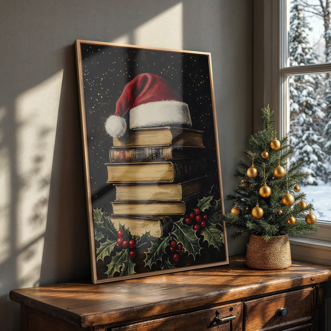 Framed Wall Art: Festive Christmas print with Santa hat on books. Warm, vintage style with red, gold, and green tones. Perfect holiday decor.