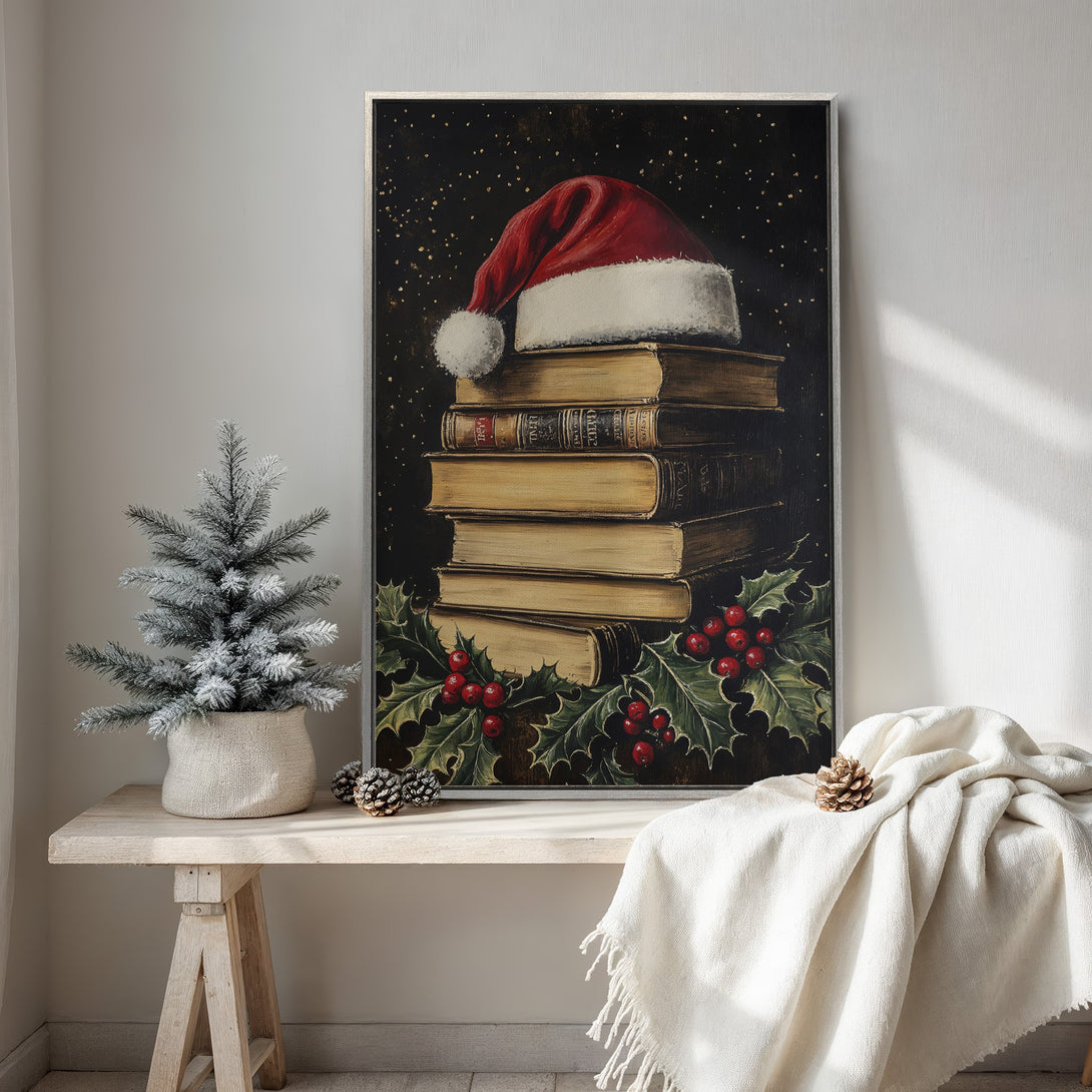 Framed Wall Art: Festive Christmas scene with Santa hat on books, rich colors. Perfect holiday decor. Canvas Print adds cozy, vintage charm to your home!