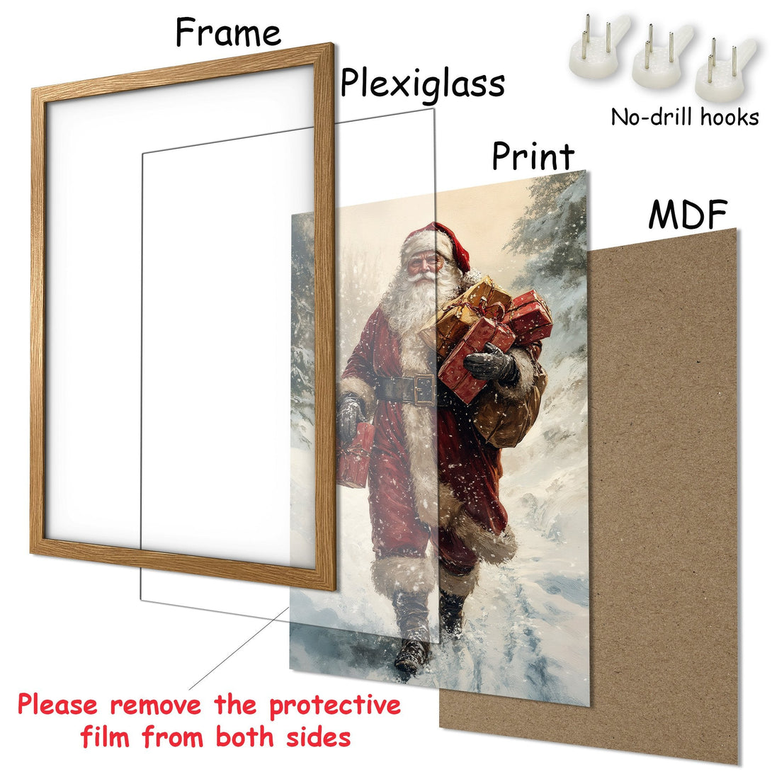 Framed Poster featuring Santa Claus in a winter scene. Warm reds, browns, and whites create a festive, classic art style. Perfect Christmas decor!