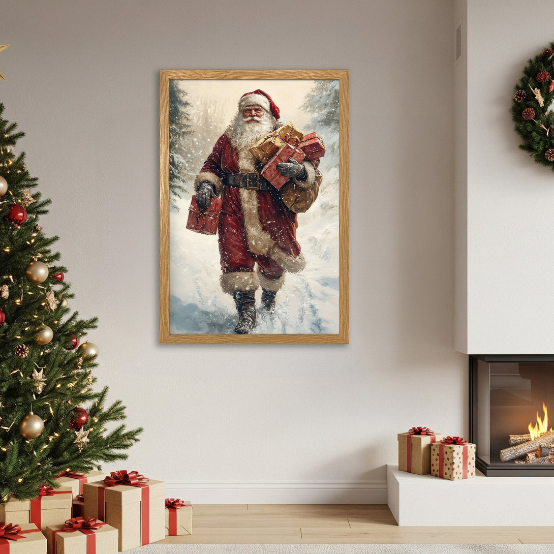 Framed Poster featuring Santa Claus in a snowy scene, with a warm, festive color palette. Perfect Christmas decor!