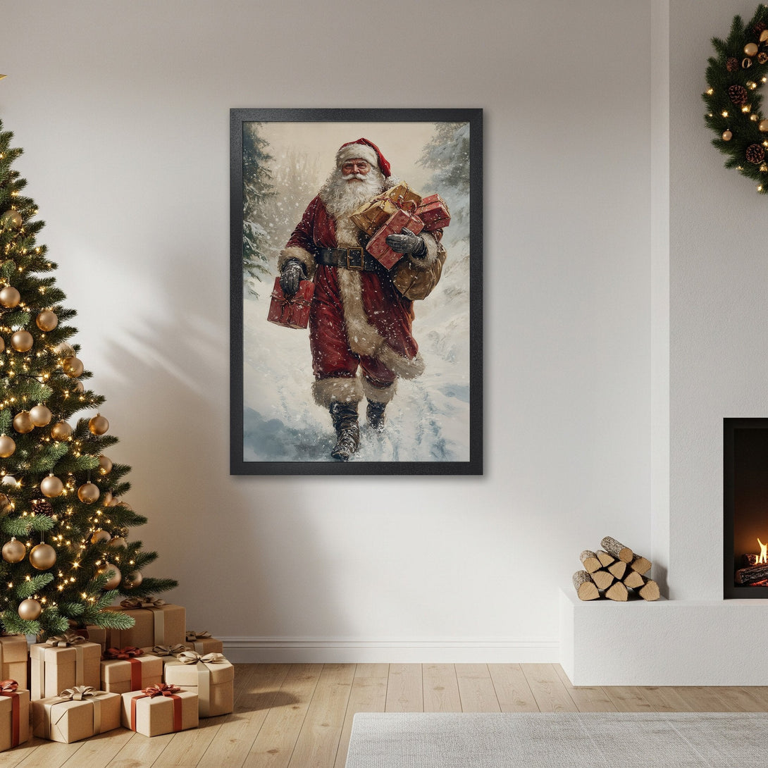Framed Poster featuring Santa Claus in a winter scene. Classic style, warm red & gold color palette, perfect Christmas decor!