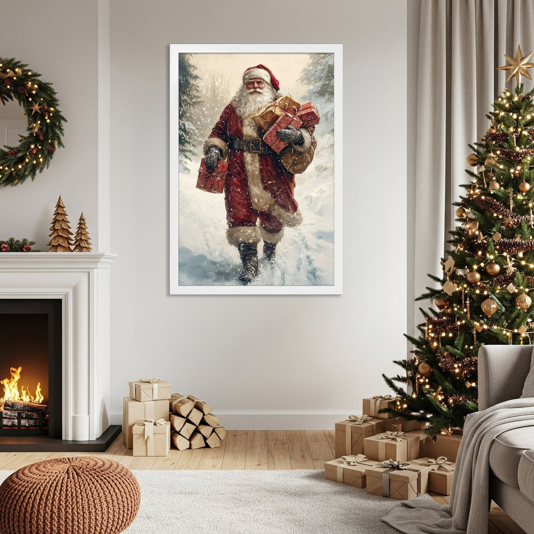 Framed Poster featuring Santa Claus in a snowy scene. Classic style, warm red and neutral color palette. Perfect Christmas decor!