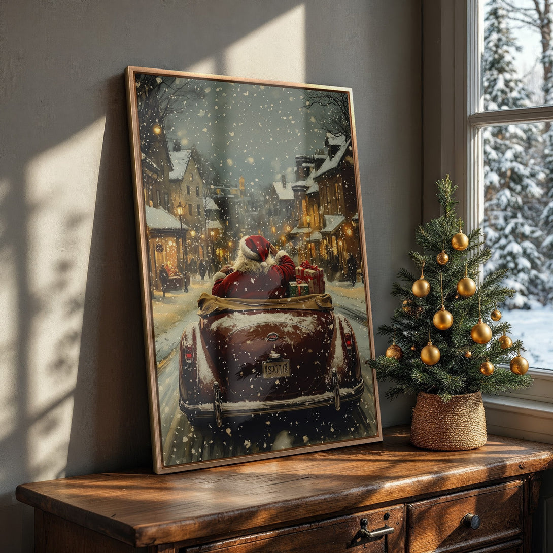 Framed Wall Art: Vintage Christmas scene with Santa in a car, snowy streetscape, warm tones. Perfect holiday decor!