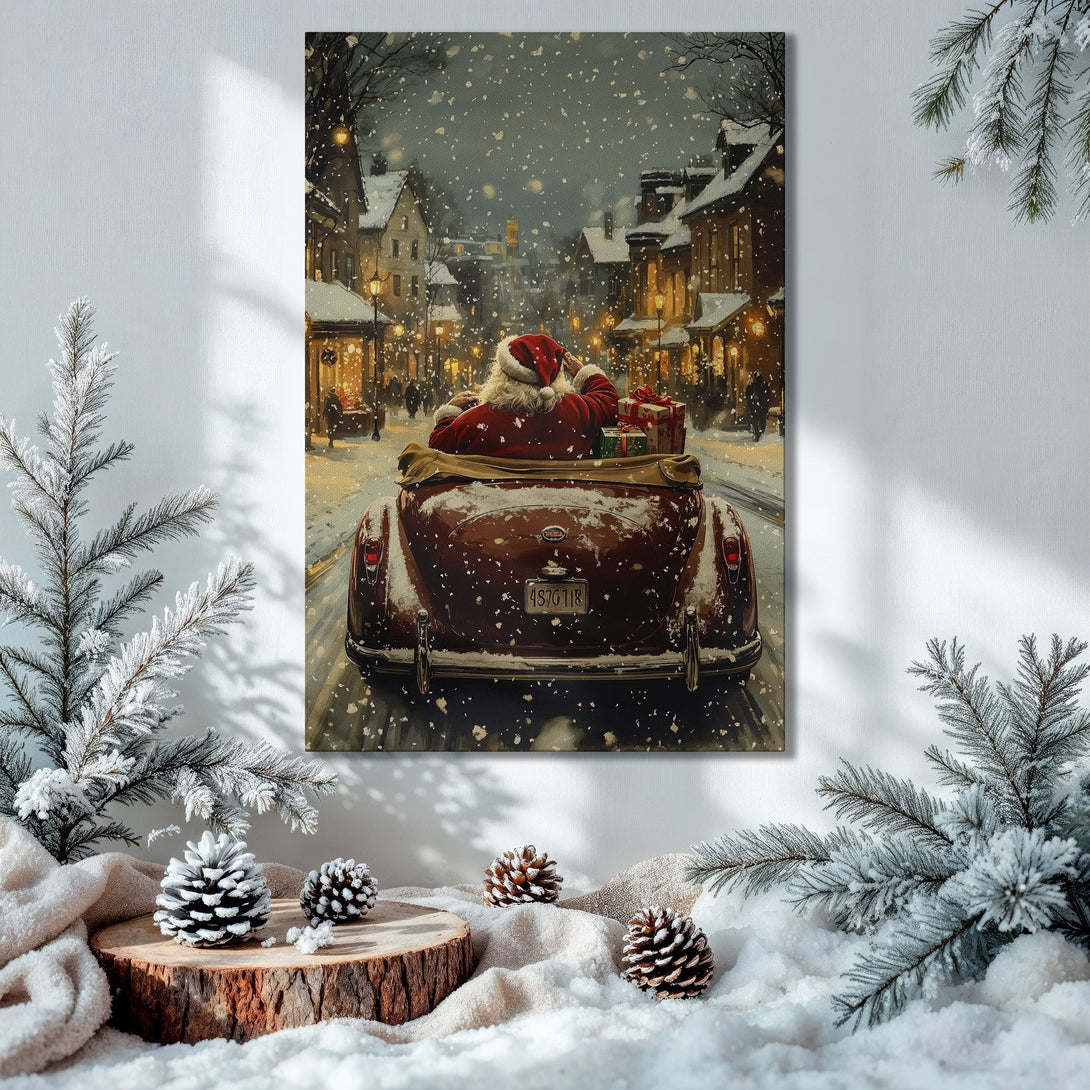 Framed Wall Art: Santa in a vintage car, snowy Christmas scene. Warm, inviting colors. Perfect holiday decor.