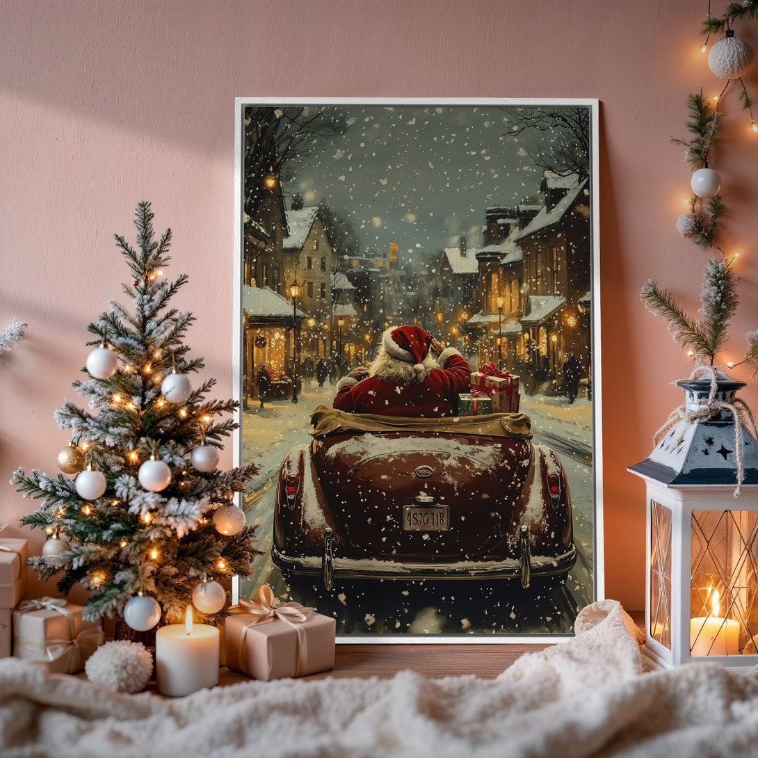 Framed Wall Art: Santa in a vintage car driving through a snowy town. Warm, inviting color palette perfect for holiday decor.