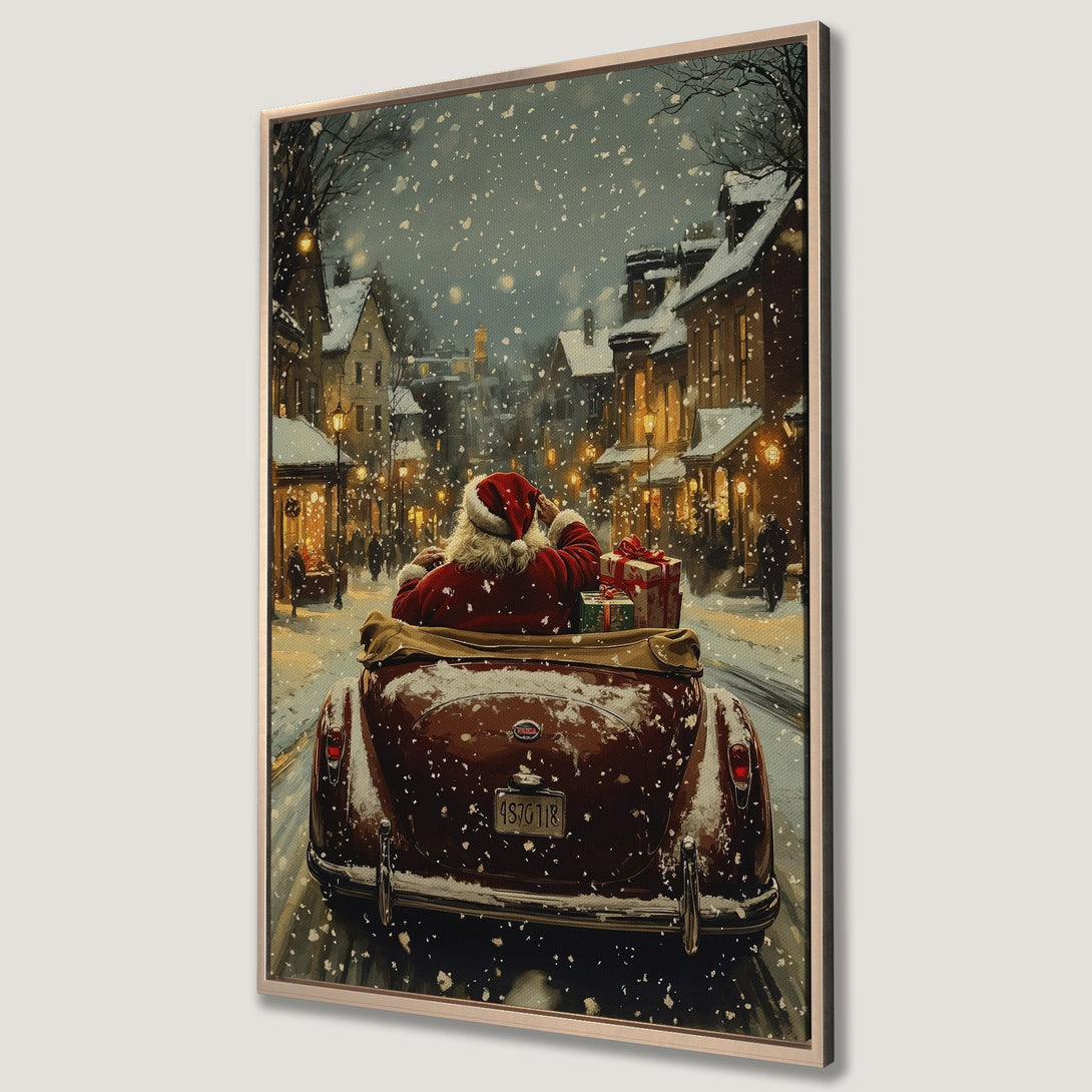 Framed Wall Art: Santa in a vintage car on a snowy Christmas Eve. Warm, inviting color palette with reds, browns, and golds. Perfect holiday decor!