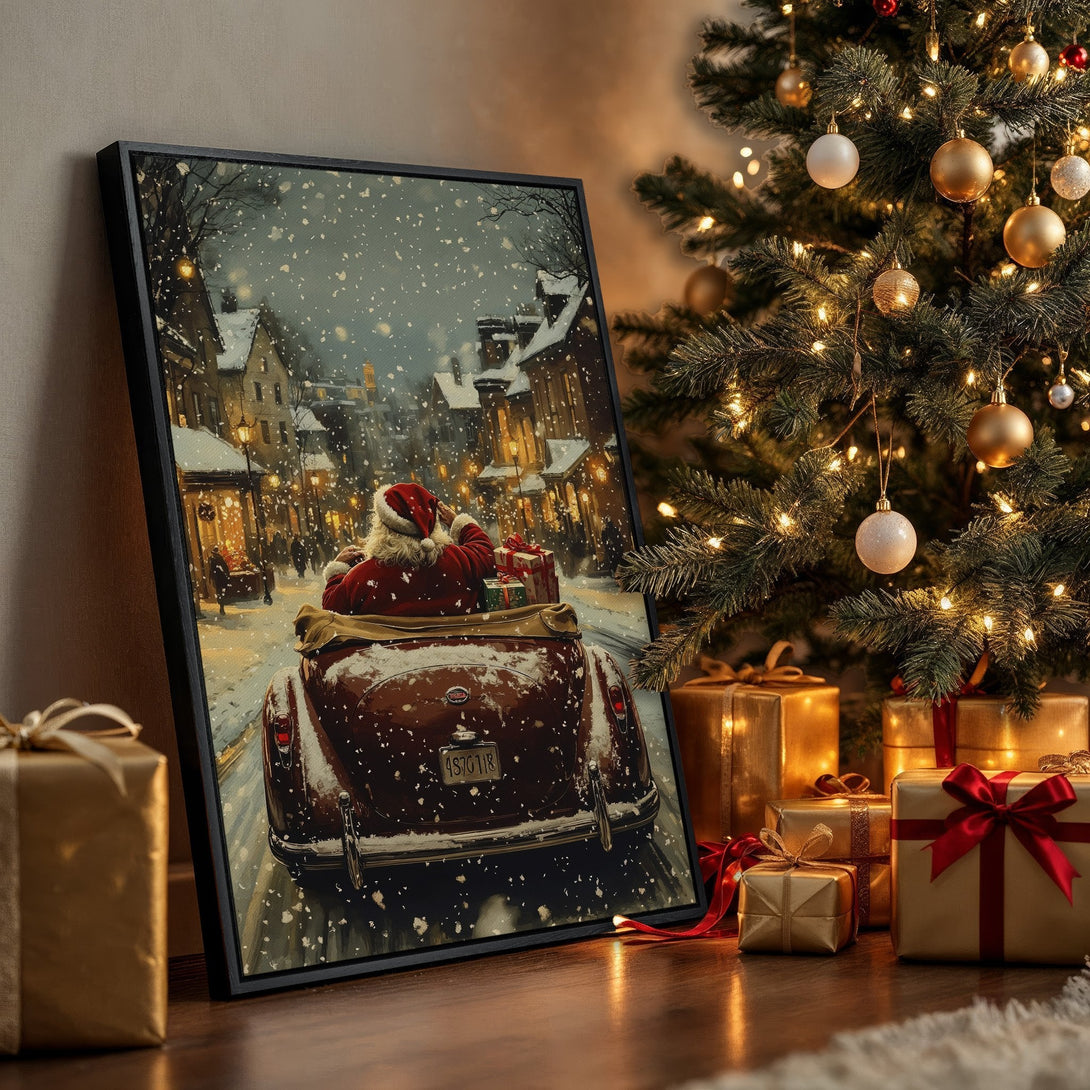 Framed Wall Art: Santa in a vintage car, snowy Christmas scene, warm color palette, festive holiday decor. Perfect for your home!