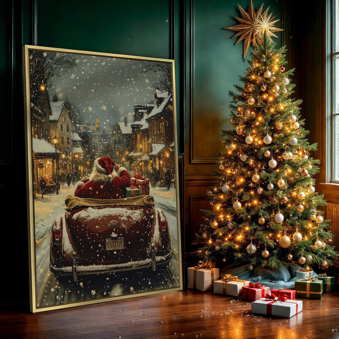 Canvas Print featuring Santa in a vintage car, snowy scene. Warm, inviting color palette, perfect holiday decor. Add festive cheer to your space!