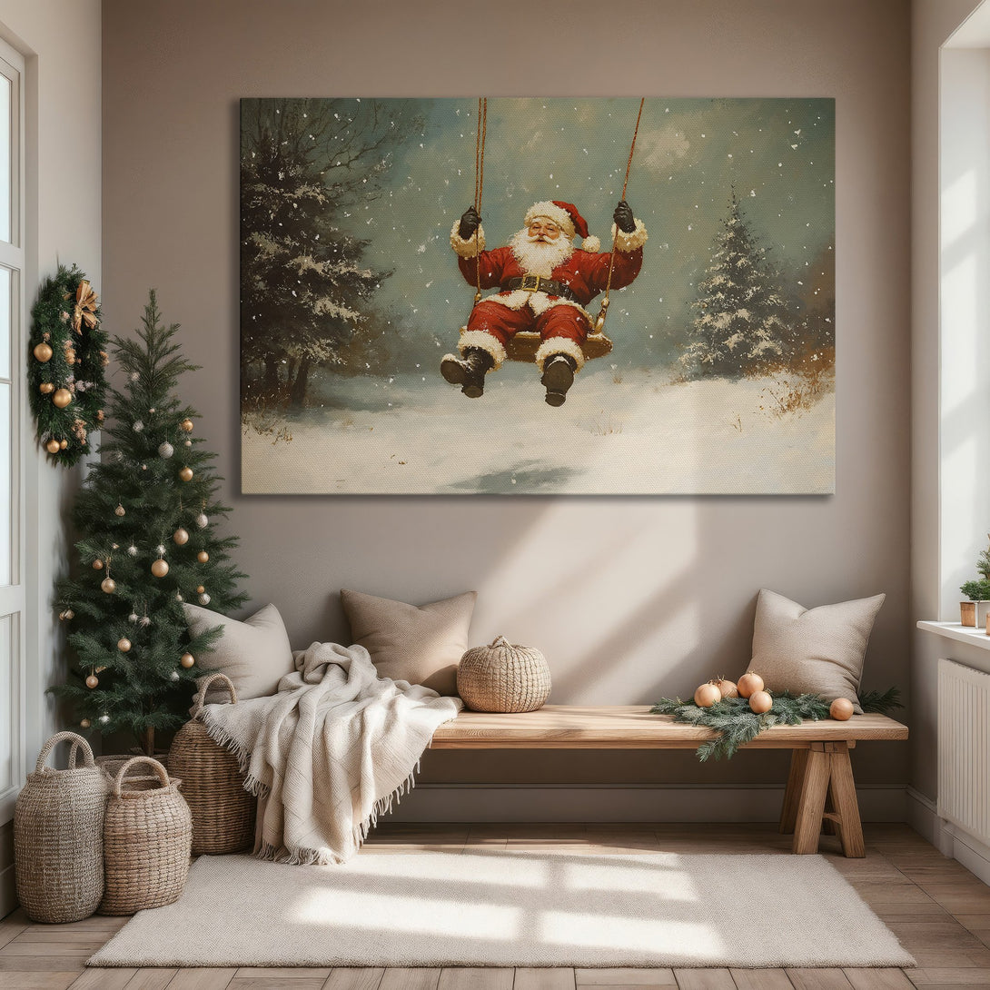 Framed Wall Art of Santa on a swing in a snowy winter scene. Vintage style with a warm, inviting color palette. Perfect Christmas decor!