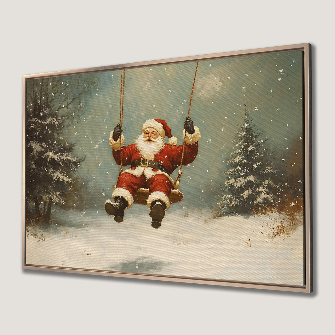 Framed Wall Art: Vintage Santa Claus on a swing in a snowy scene. Classic style with red, white, and blue-green color palette. Perfect Christmas decor!