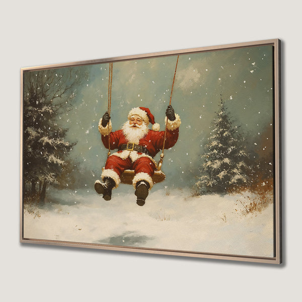 Framed Wall Art: Vintage Santa Claus on a swing in a snowy scene. Classic style with red, white, and blue-green color palette. Perfect Christmas decor!